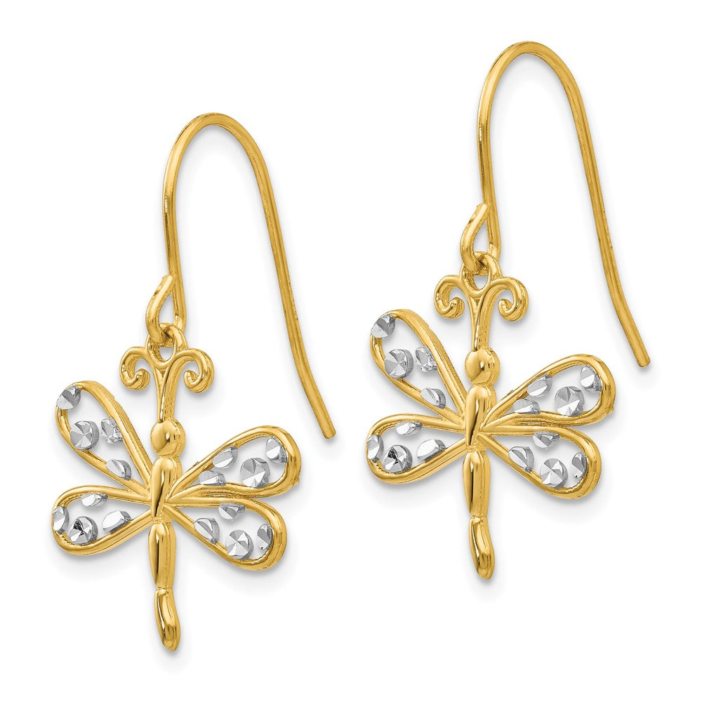 14k Yellow & Rhodium 16 mm Diamond-cut Dragonfly Shepherd Hook Earrings (1.61 grams)