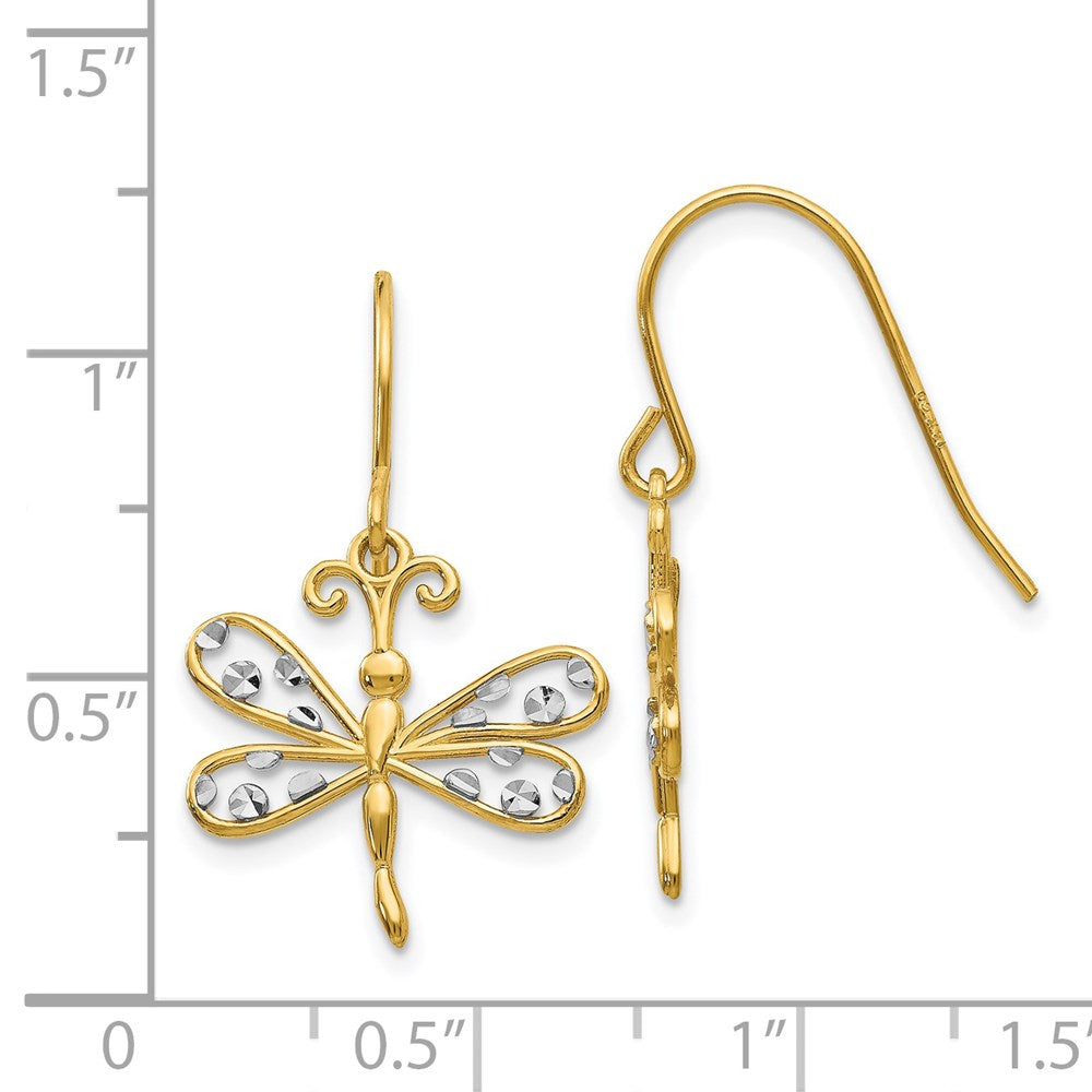 14k Yellow & Rhodium 16 mm Diamond-cut Dragonfly Shepherd Hook Earrings (1.61 grams)