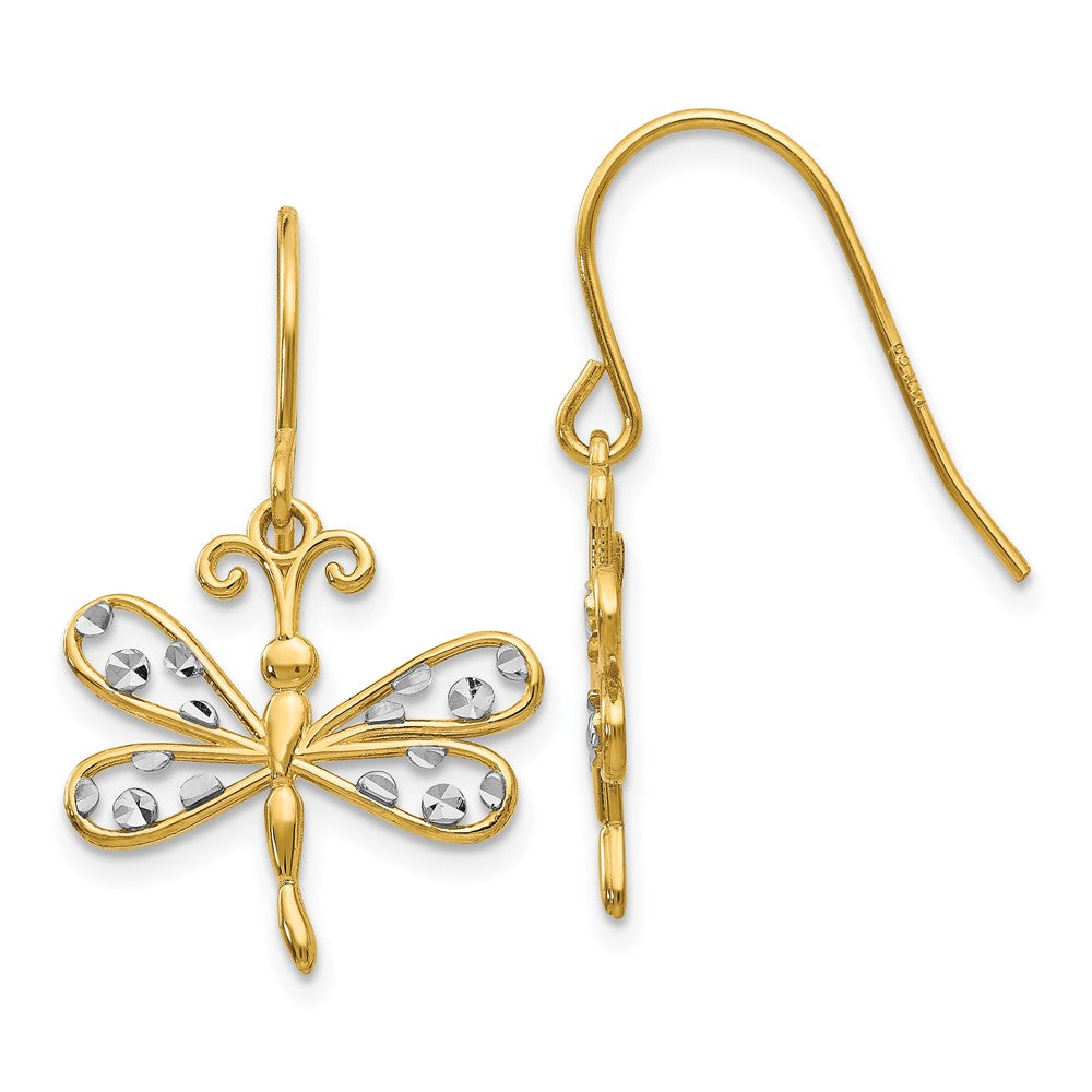 14k Yellow & Rhodium 16 mm Diamond-cut Dragonfly Shepherd Hook Earrings (1.61 grams)