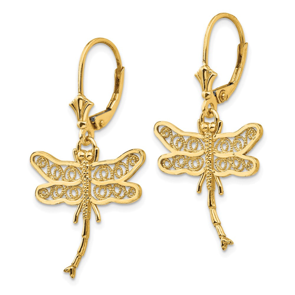 14k Yellow Gold 21 mm Dragonfly w/Filigree Wings Leverback Earrings (2.34 grams)