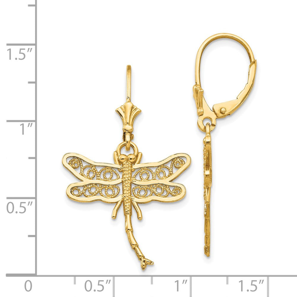 14k Yellow Gold 21 mm Dragonfly w/Filigree Wings Leverback Earrings (2.34 grams)