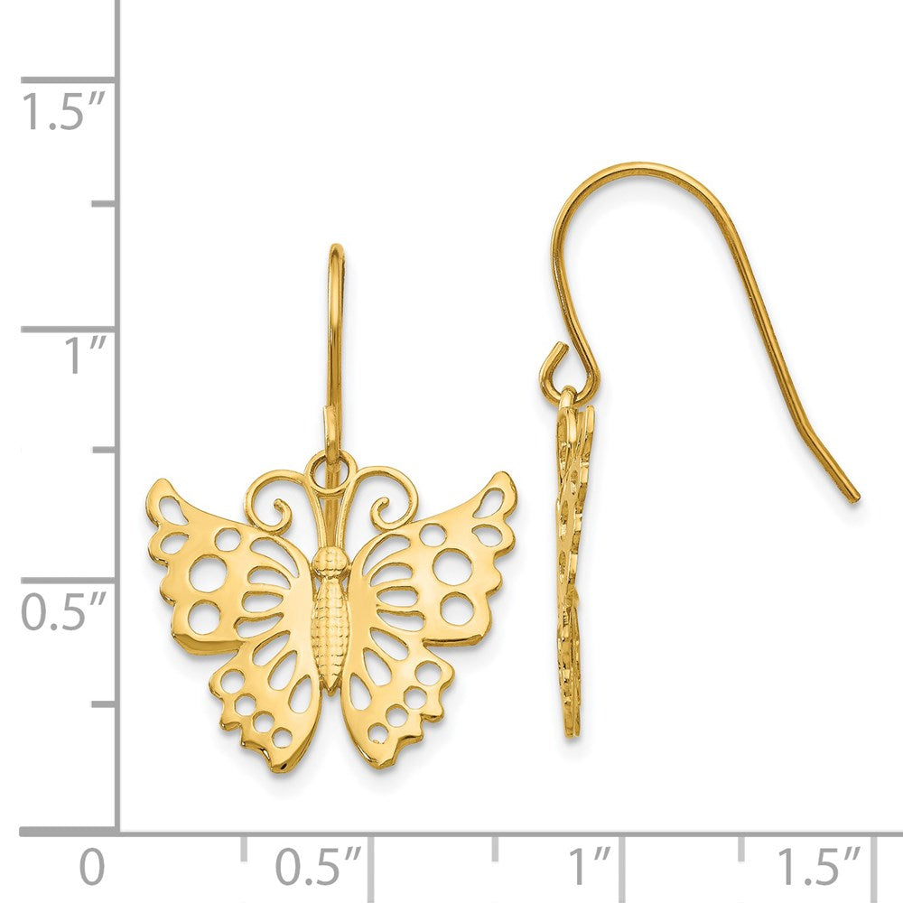 14k Yellow Gold 19 mm Dangle Butterfly Shepherd Hook Earrings (1.54 grams)