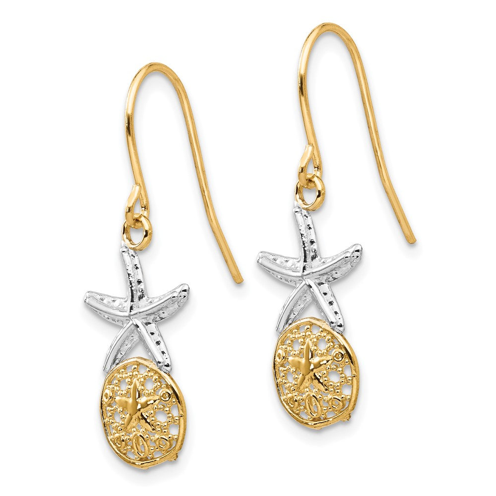 14k Yellow & Rhodium 11 mm Starfish w/Sand Dollar Shepherd Hook Earrings (1.36 grams)