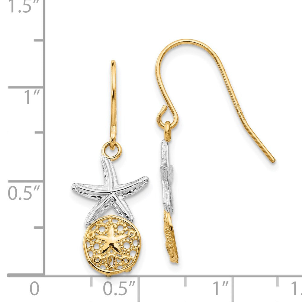 14k Yellow & Rhodium 11 mm Starfish w/Sand Dollar Shepherd Hook Earrings (1.36 grams)