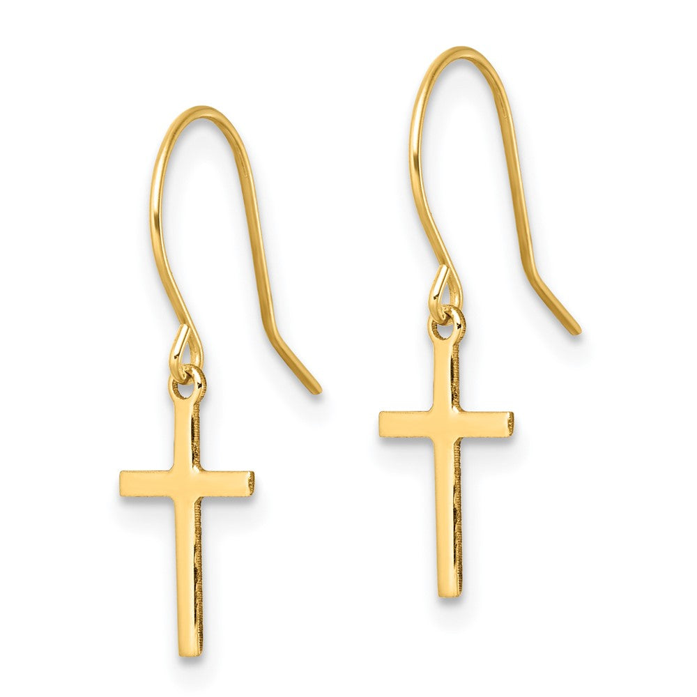 14k Yellow Gold 6.6 mm Dangle Cross Shepherd Hook Earrings (0.48 grams)
