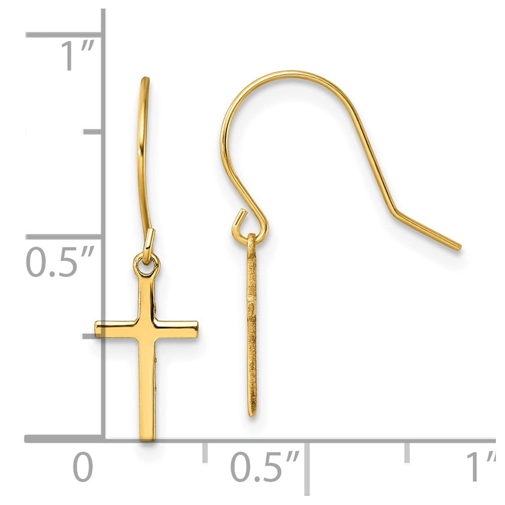14k Yellow Gold 6.6 mm Dangle Cross Shepherd Hook Earrings (0.48 grams)