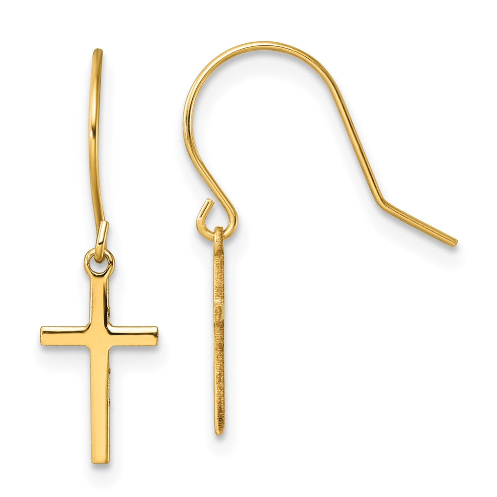 14k Yellow Gold 6.6 mm Dangle Cross Shepherd Hook Earrings (0.48 grams)