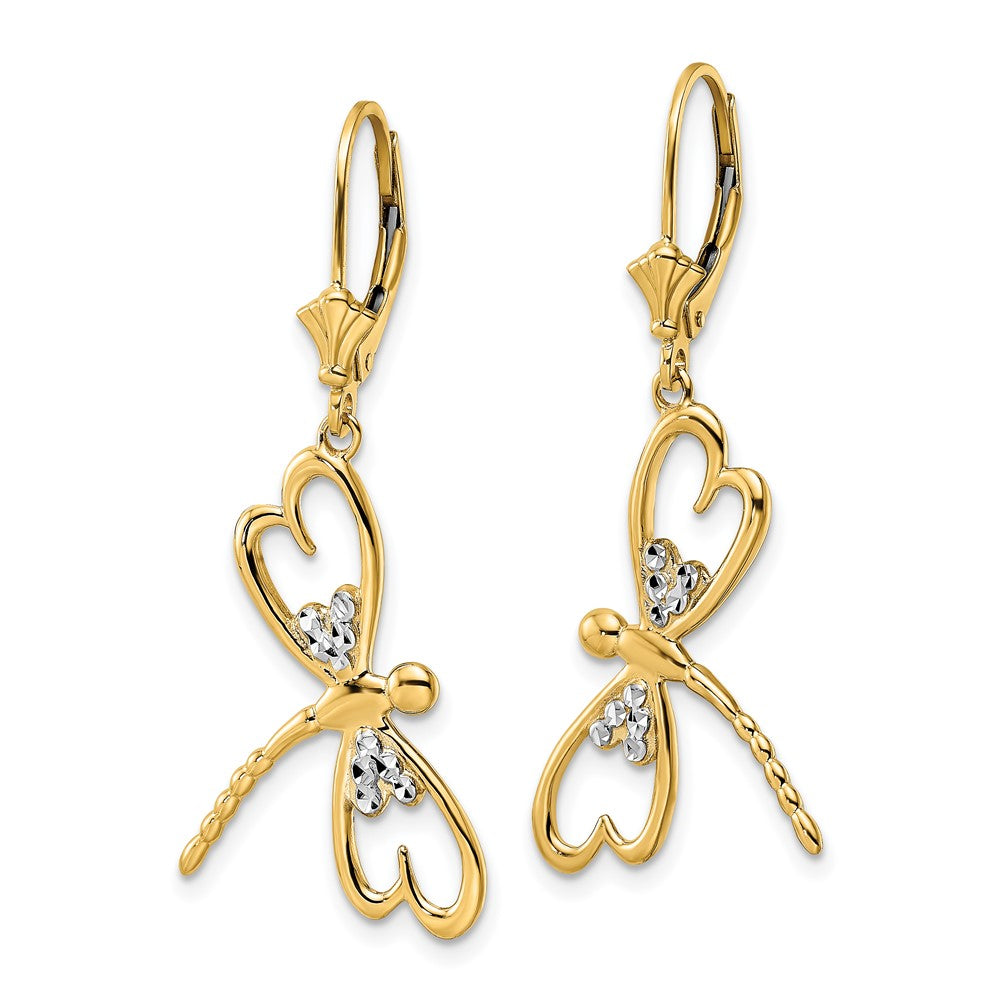 14k Yellow & Rhodium 7.85 mm D/C Dragonfly Leverback Earrings (3.21 grams)