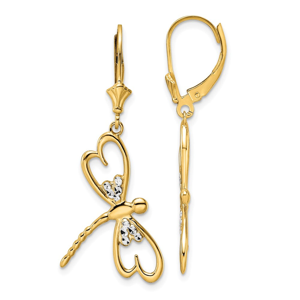 14k Yellow & Rhodium 7.85 mm D/C Dragonfly Leverback Earrings (3.21 grams)