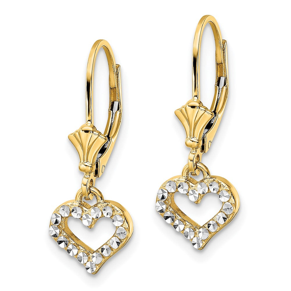 14k Yellow & Rhodium 8.8 mm D/C Heart Leverback Earrings (1.97 grams)