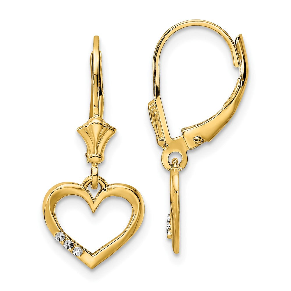 14k Yellow & Rhodium 10.65 mm D/C Heart Leverback Earrings (1.48 grams)