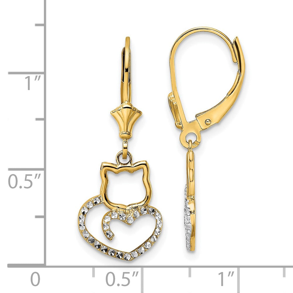 14k & White Rhodium D/C Cat Heart Leverback Earrings (1.97 grams)