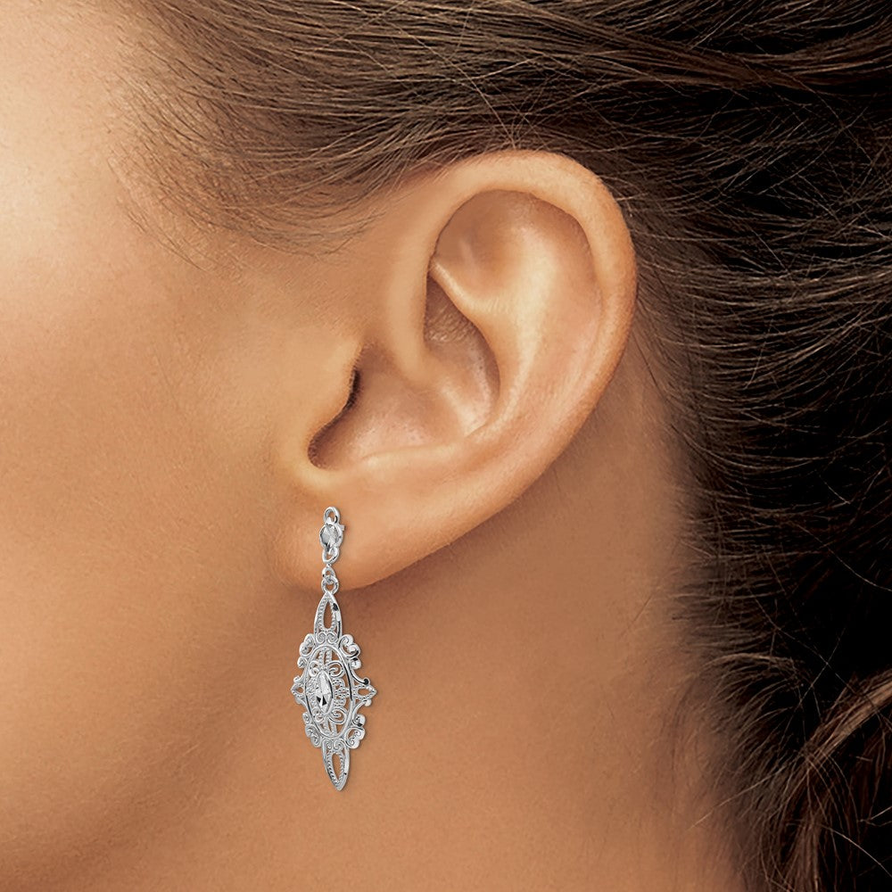 14k White Gold 13 mm Diamond-cut Filigree Dangle Earrings (2.21 grams)