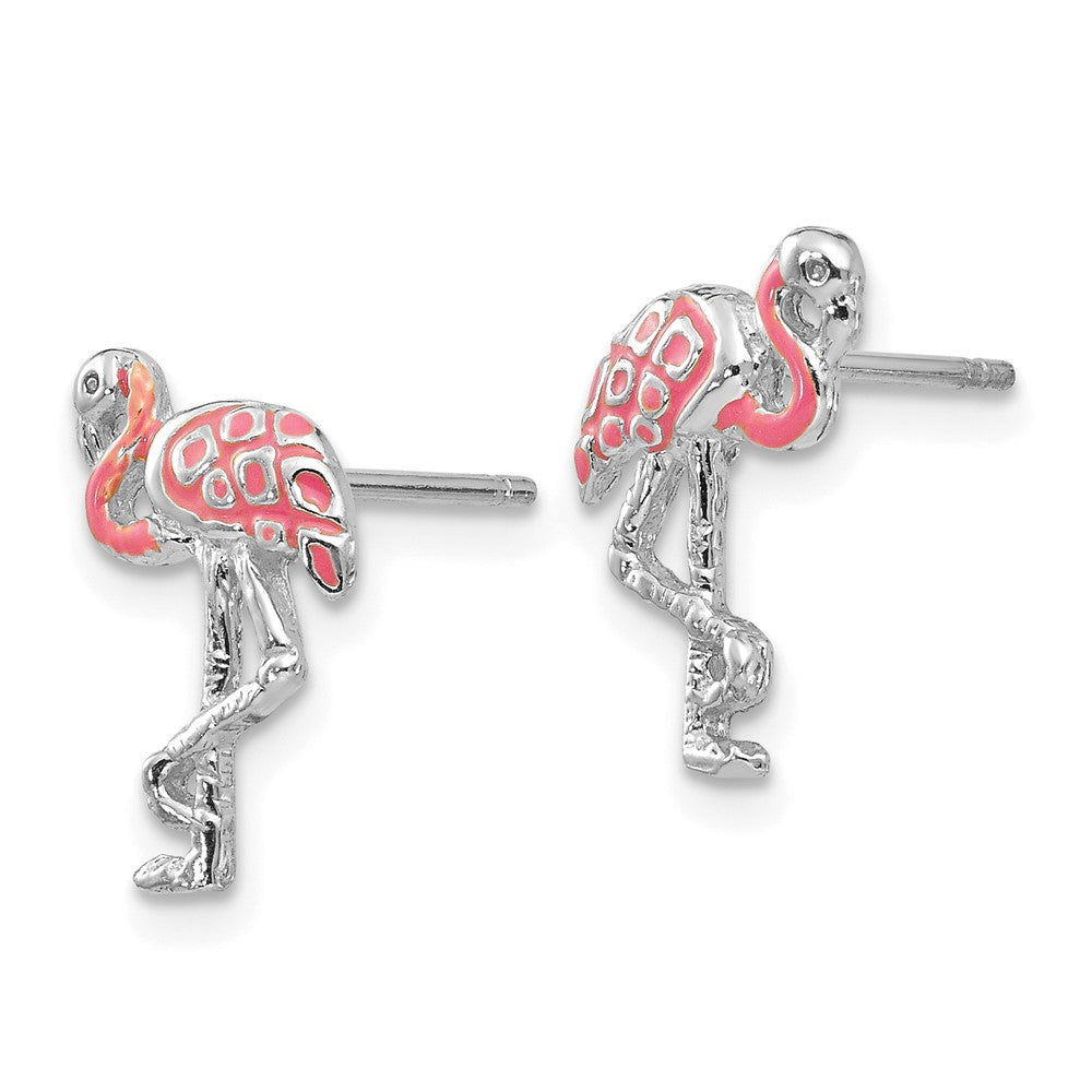 14k White Gold 8.8 mm Pink Enameled Flamingo Post Earrings (1.17 grams)