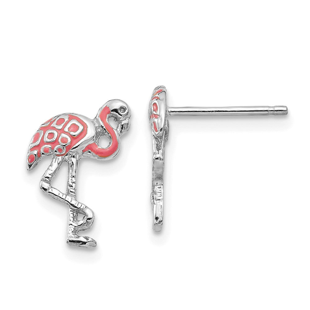 14k White Gold 8.8 mm Pink Enameled Flamingo Post Earrings (1.17 grams)
