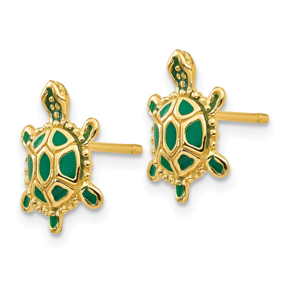 14k Yellow Gold 9 mm Green Enameled Turtle Post Earrings (1.8 grams)