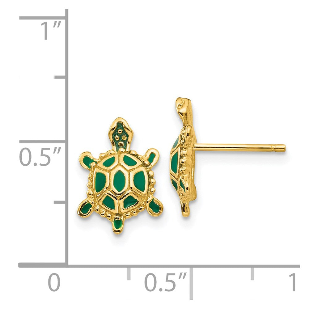 14k Yellow Gold 9 mm Green Enameled Turtle Post Earrings (1.8 grams)