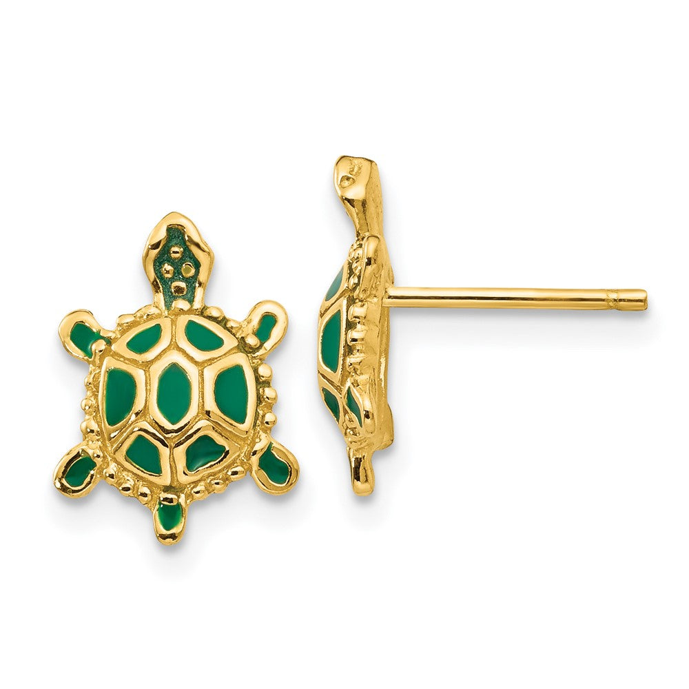 14k Yellow Gold 9 mm Green Enameled Turtle Post Earrings (1.8 grams)