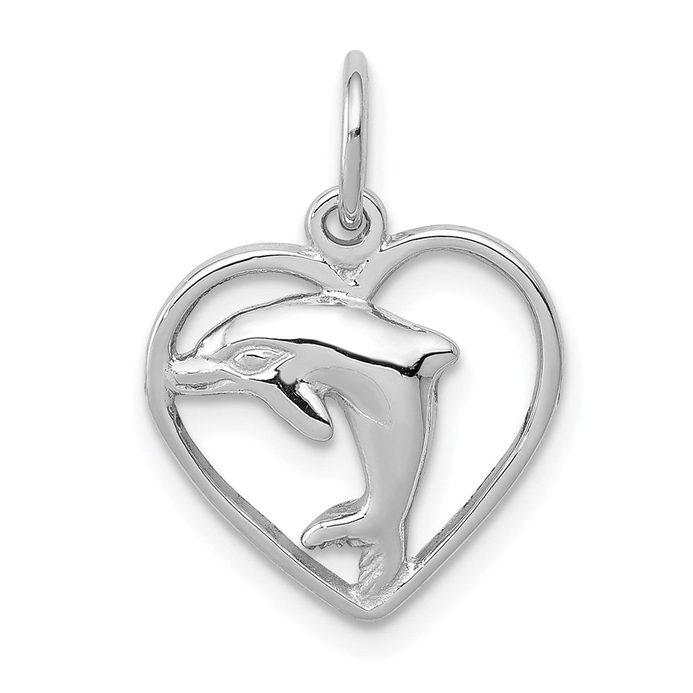 14k White Gold 14 mm Dolphin in Heart Charm (0.8 grams)