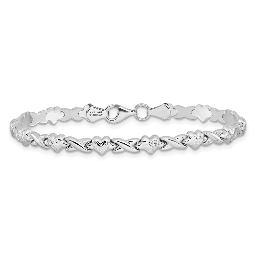 14k White Gold Polished Diamond-cut X-and-Heart 8 inch Bracelet (4.43 grams)