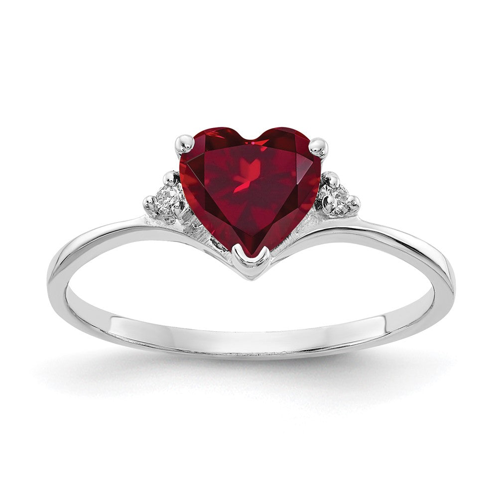 14k White Gold 6mm Heart Created Ruby AA Diamond ring (1.23 grams)