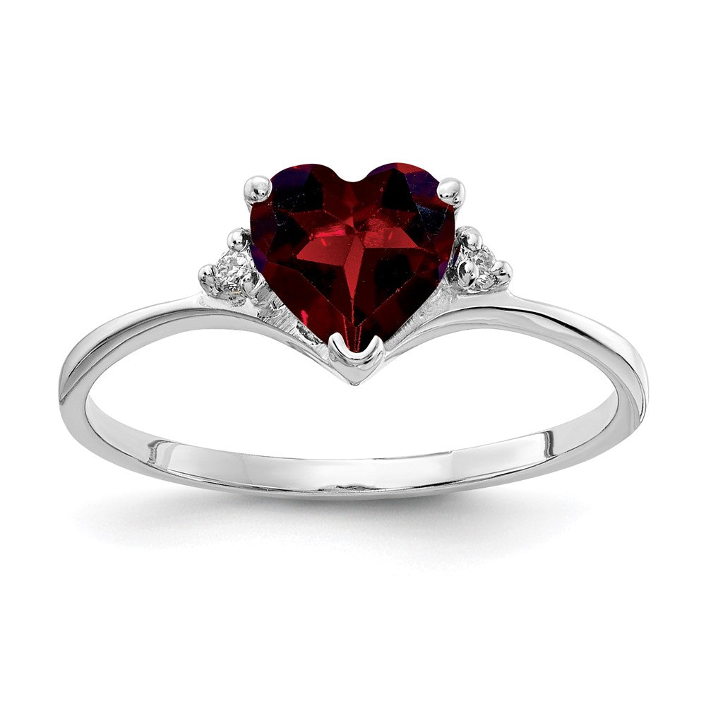 14k White Gold 6mm Heart Garnet A Diamond ring (1.23 grams)