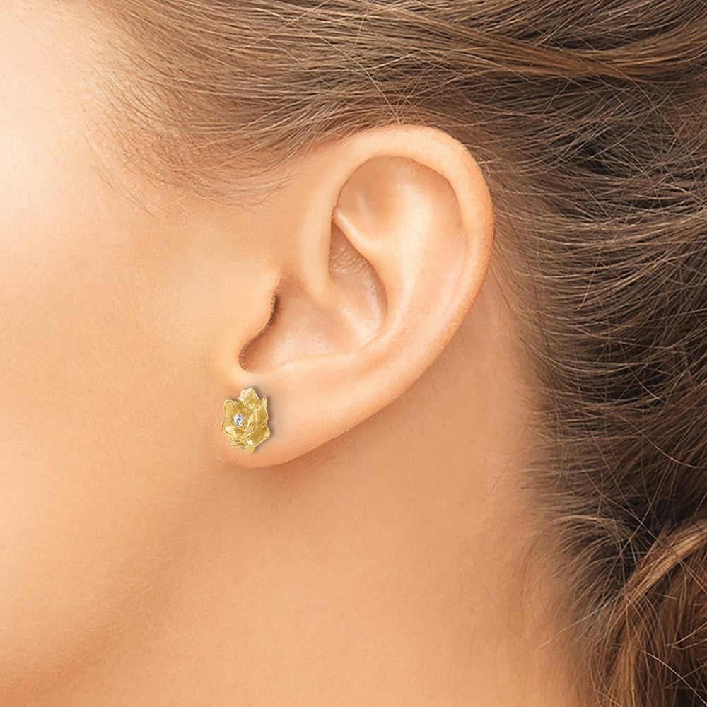 14k Yellow Gold 11 mm Gold AA Diamond Flower Post Earrings (2.3 grams)