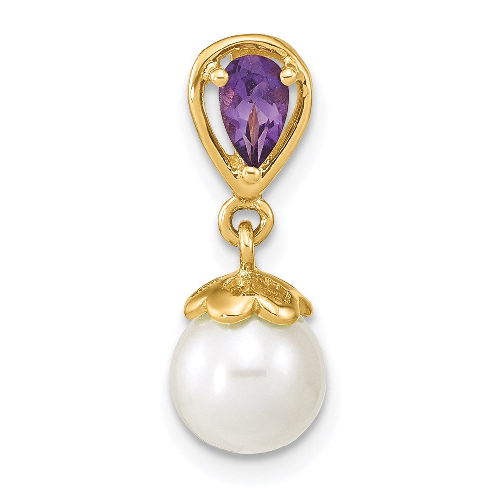 14K Gold w/ Amethyst & Freshwater Cultured Pearl Polished Chain Slide (1.15 grams)