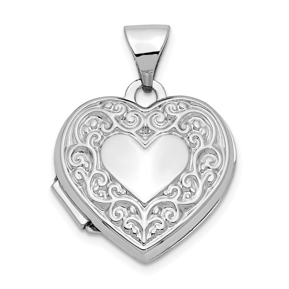 14k White Gold 15.5 mm Scroll Pattern Heart Locket (0.67 grams)