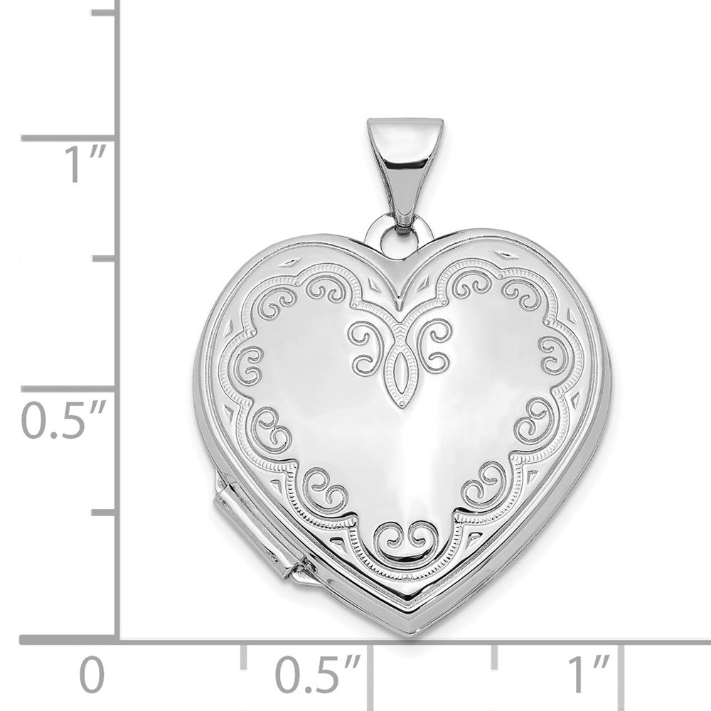 14k White Gold 21.2 mm Scroll Design Heart Locket (2.14 grams)