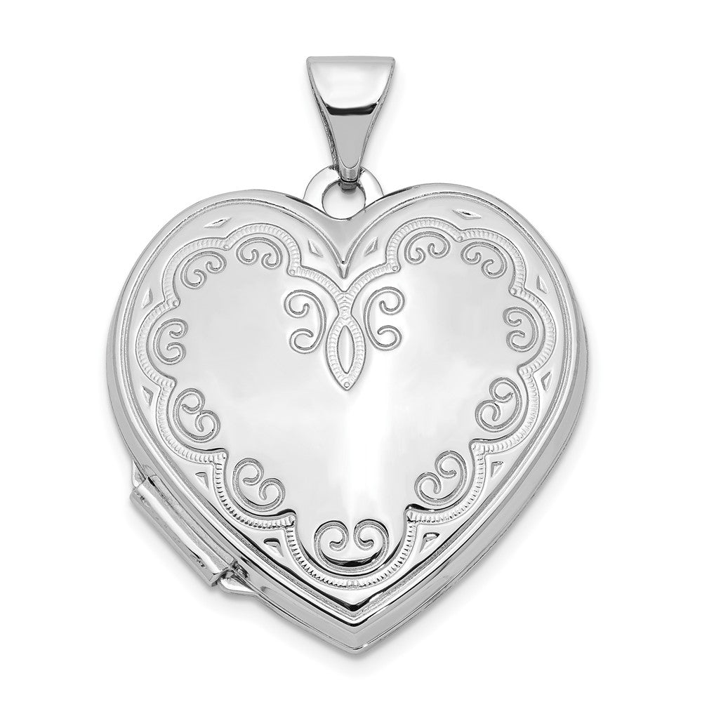 14k White Gold 21.2 mm Scroll Design Heart Locket (2.14 grams)