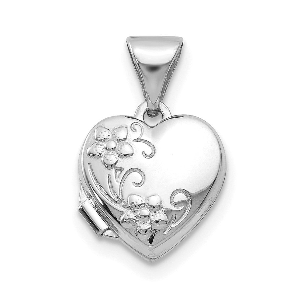 14k White Gold 10.05 mm Polished Heart-Shaped Floral Locket (0.32 grams)