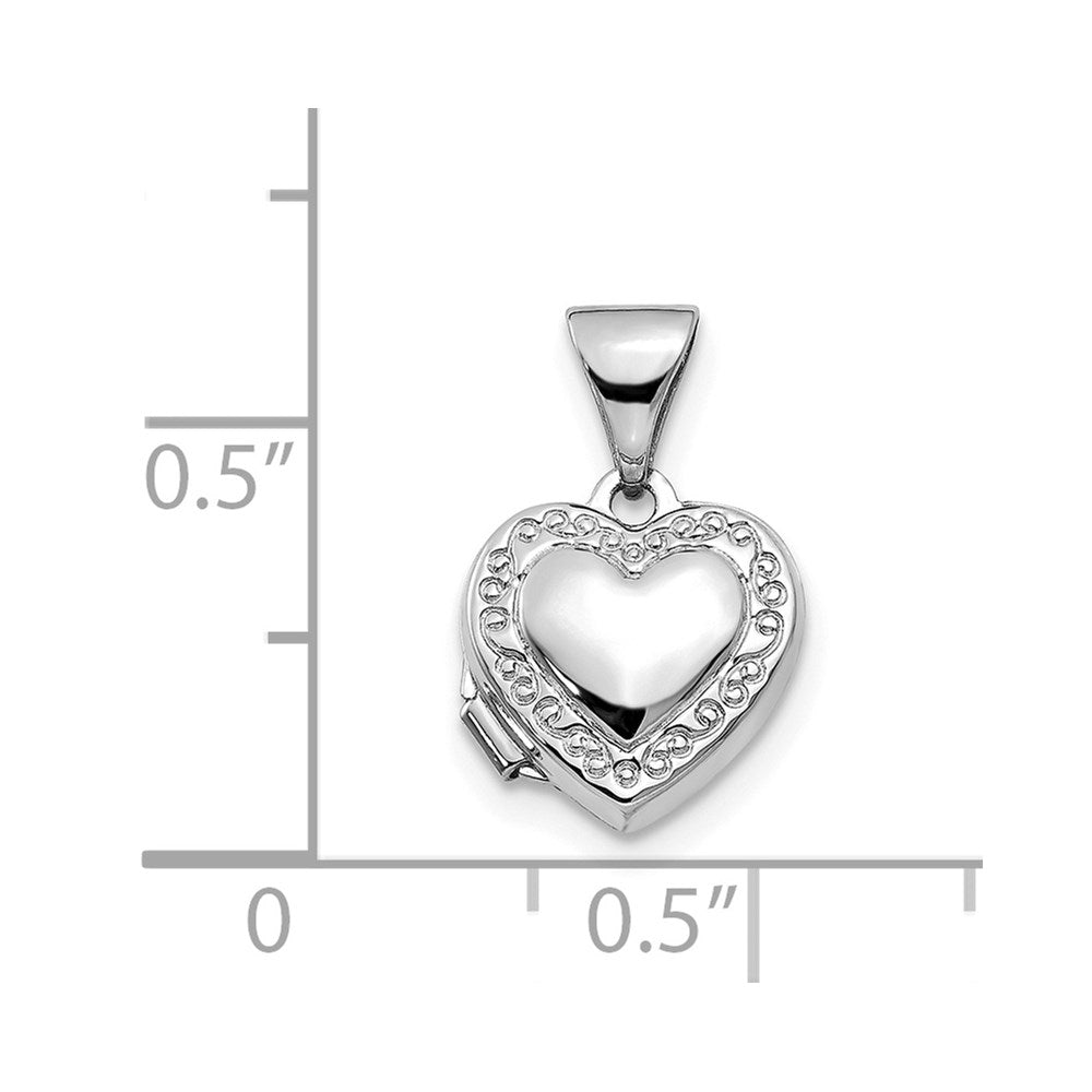 14k White Gold 10.2 mm Polished Heart-Shaped Scrolled Locket (0.32 grams)