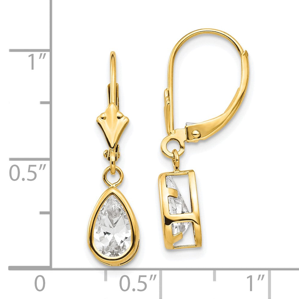 14k Yellow Gold 7 mm Pear Cubic Zirconia Leverback Earrings (1.12 grams)