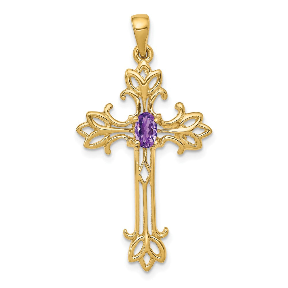 14k Polished Amethyst Cross Pendant (2.02 grams)
