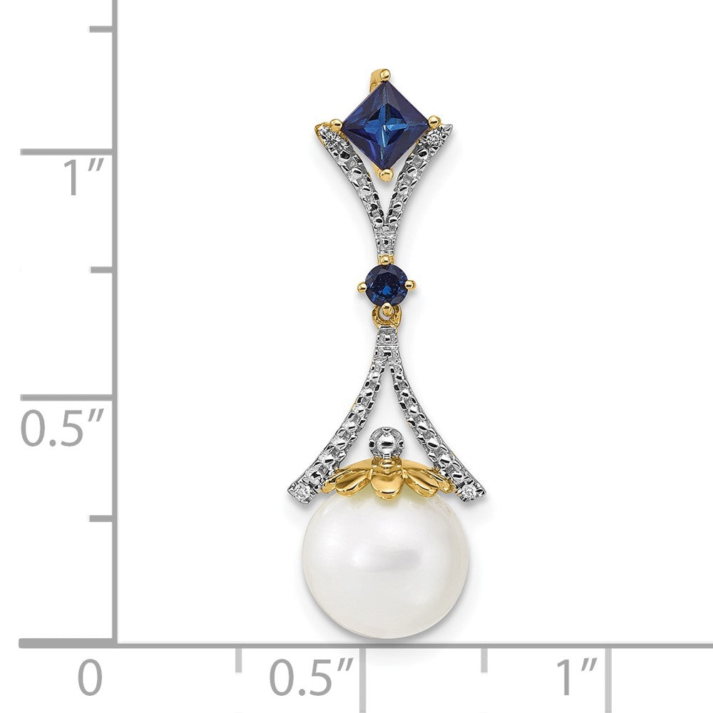 14k Diamond 8-9mm Round FWC Pearl/Created Sapphire Chain Slide (0.9 grams)