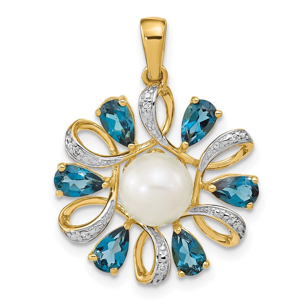 14k Diamond and 6-7mm Button FWC Pearl/London Blue Topaz Pendant (2.15 grams)