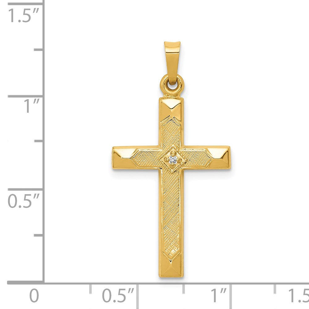 14k Yellow Gold 17 mm Textured and Polished Diamond Cross Pendant (0.87 grams)