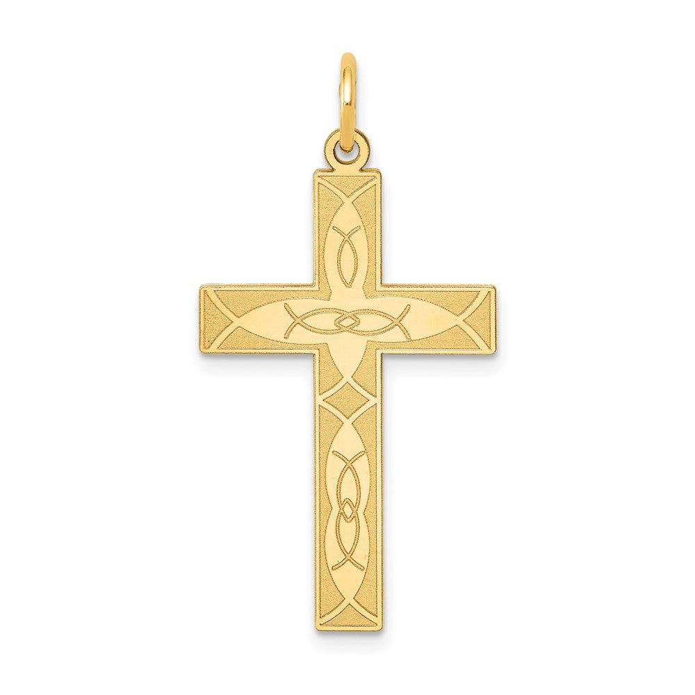 14k Yellow Gold 17 mm Laser Designed Ichthus Cross Pendant (1.3 grams)
