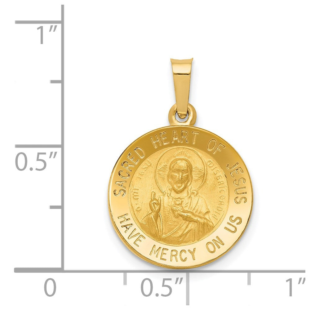 14k Yellow Gold 15 mm Polished and Satin Sacred Heart of Jesus Medal Hollow Pendant (0.88 grams)