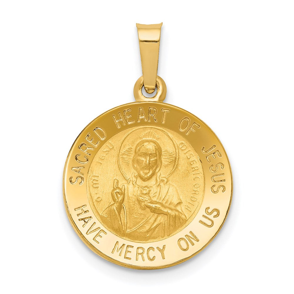 14k Yellow Gold 15 mm Polished and Satin Sacred Heart of Jesus Medal Hollow Pendant (0.88 grams)