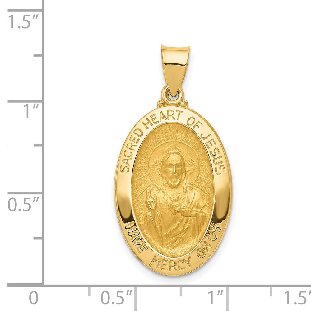 14k Yellow Gold 17 mm Polished and Satin Sacred Heart of Jesus Medal Hollow Pendant
