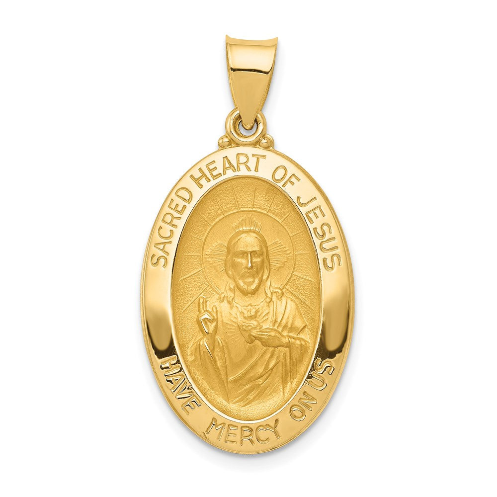 14k Yellow Gold 17 mm Polished and Satin Sacred Heart of Jesus Medal Hollow Pendant (1.36 grams)