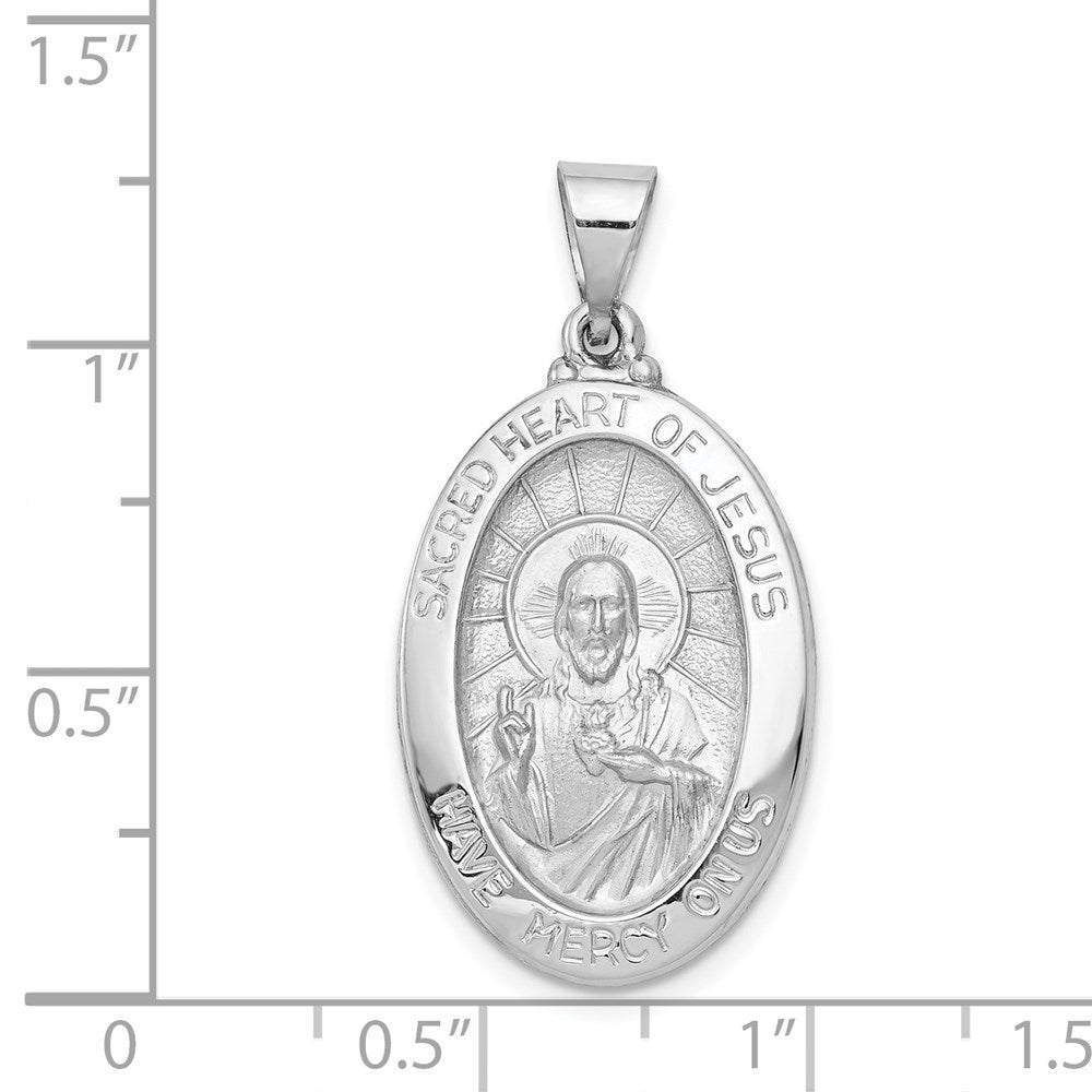 14k White Gold 17 mm Polish/Satin Sacred Heart Jesus Hollow Pendant (1.36 grams)