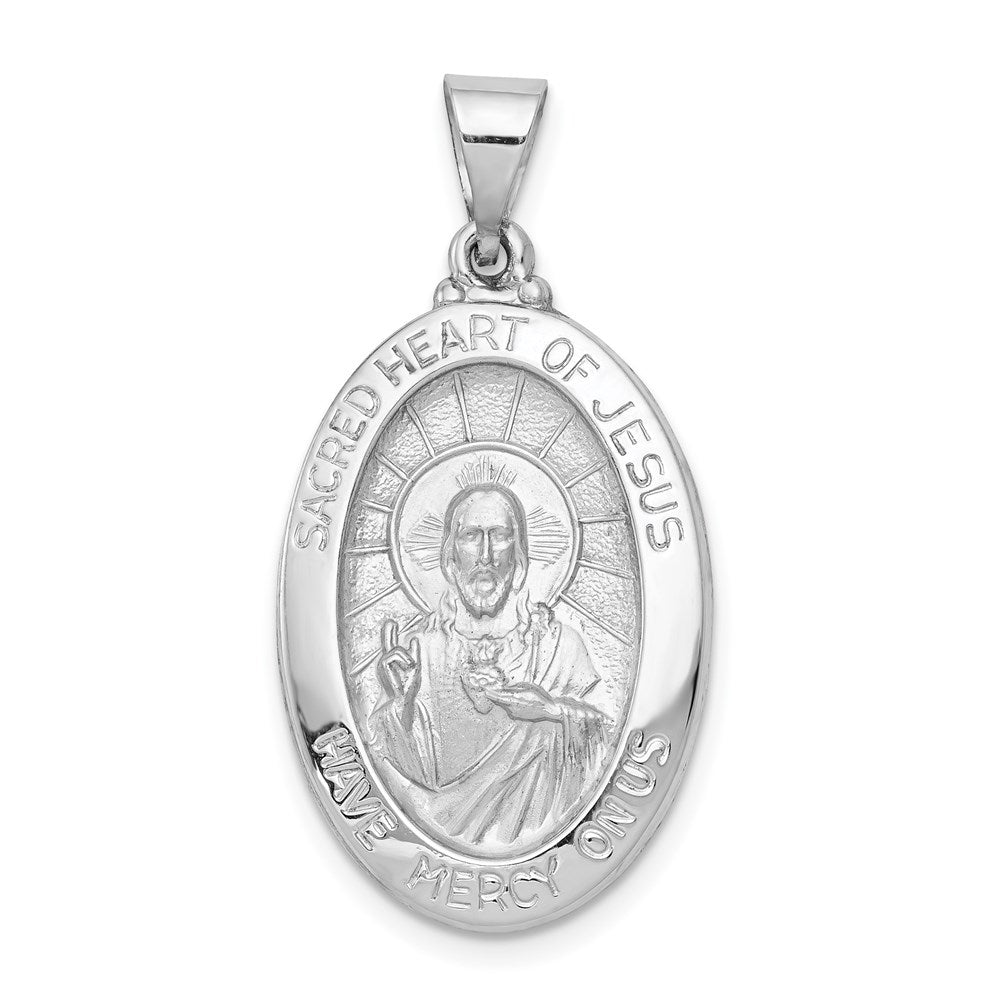 14k White Gold 17 mm Polish/Satin Sacred Heart Jesus Hollow Pendant (1.36 grams)