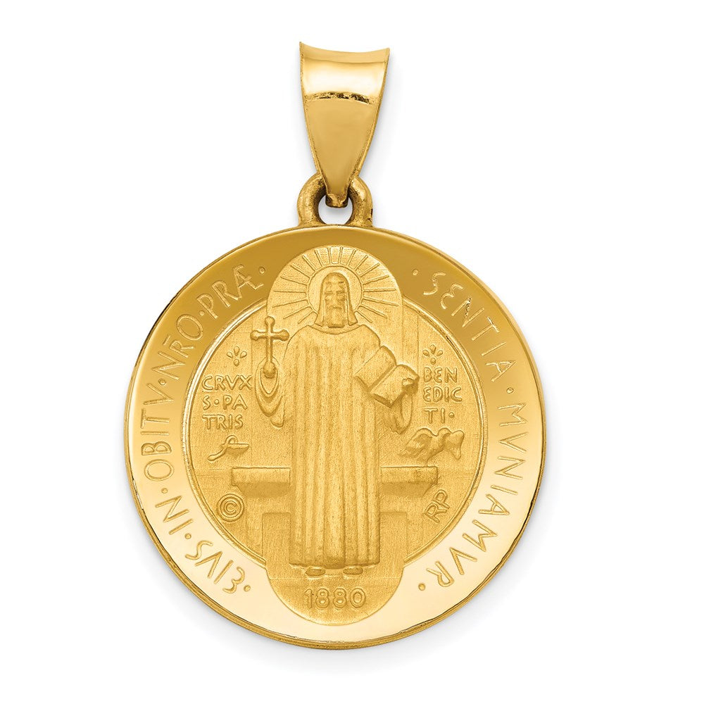 14k Yellow Gold 19 mm Polished and Satin St Benedict Hollow Medal Pendant (1.3 grams)