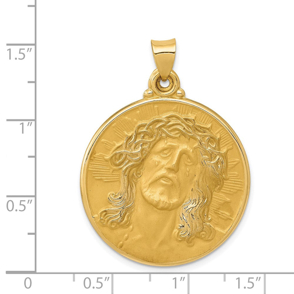 14k Yellow Gold 28 mm Polished and Satin Face of Jesus Medal Hollow Pendant