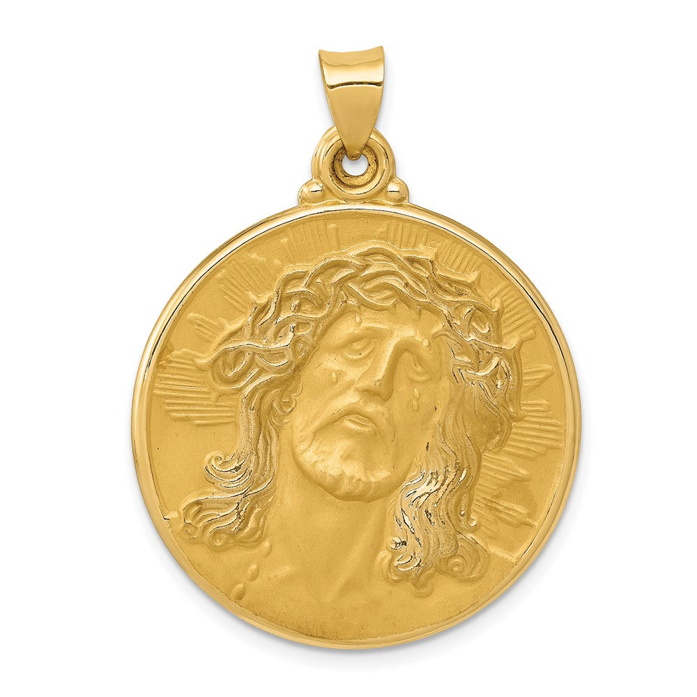 14k Yellow Gold 28 mm Polished and Satin Face of Jesus Medal Hollow Pendant