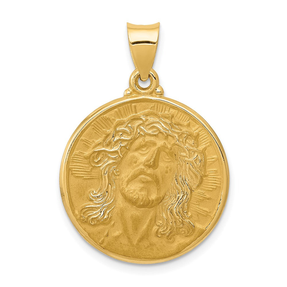 14k Yellow Gold 21 mm Polished and Satin Face of Jesus Medal Hollow Pendant (1.66 grams)