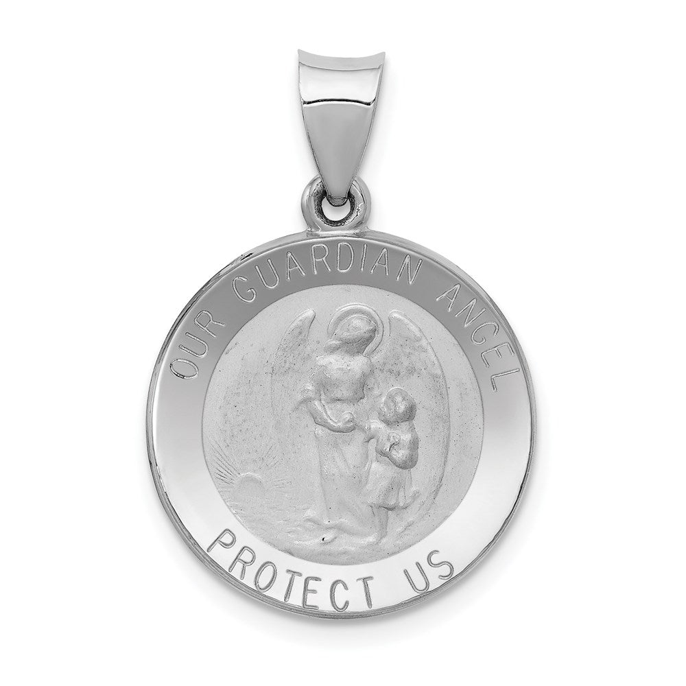 14k White Gold 18.5 mm Our Guardian Angel Medal Hollow Pendant (1.3 grams)